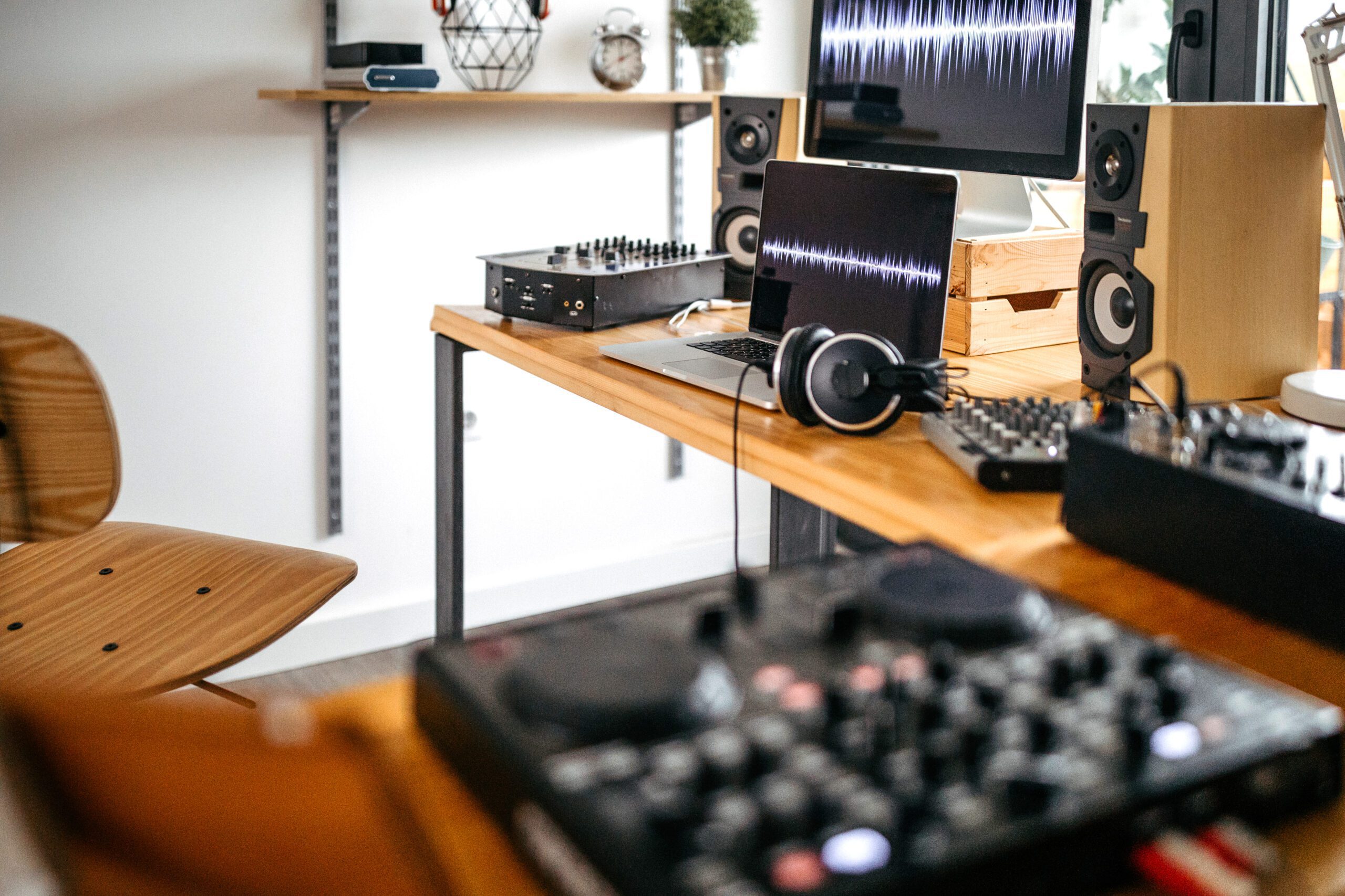 Home music studio with audio equipment.