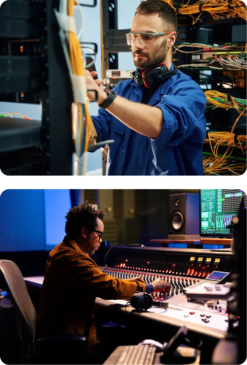Technician fixing servers; engineer mixing audio.