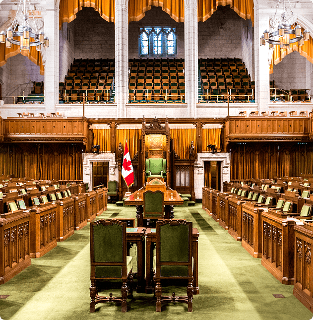 Canadian parliamentary chamber with green seats.