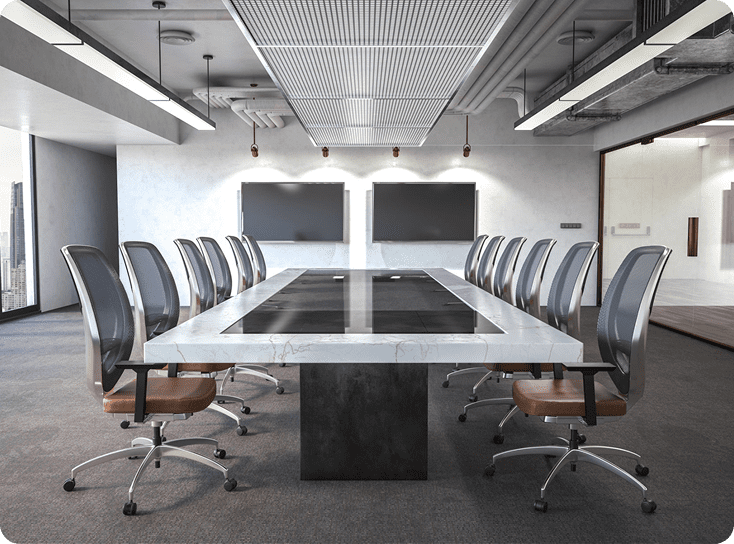 Modern conference room with long table.