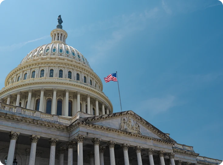 US Capitol building with American flag.